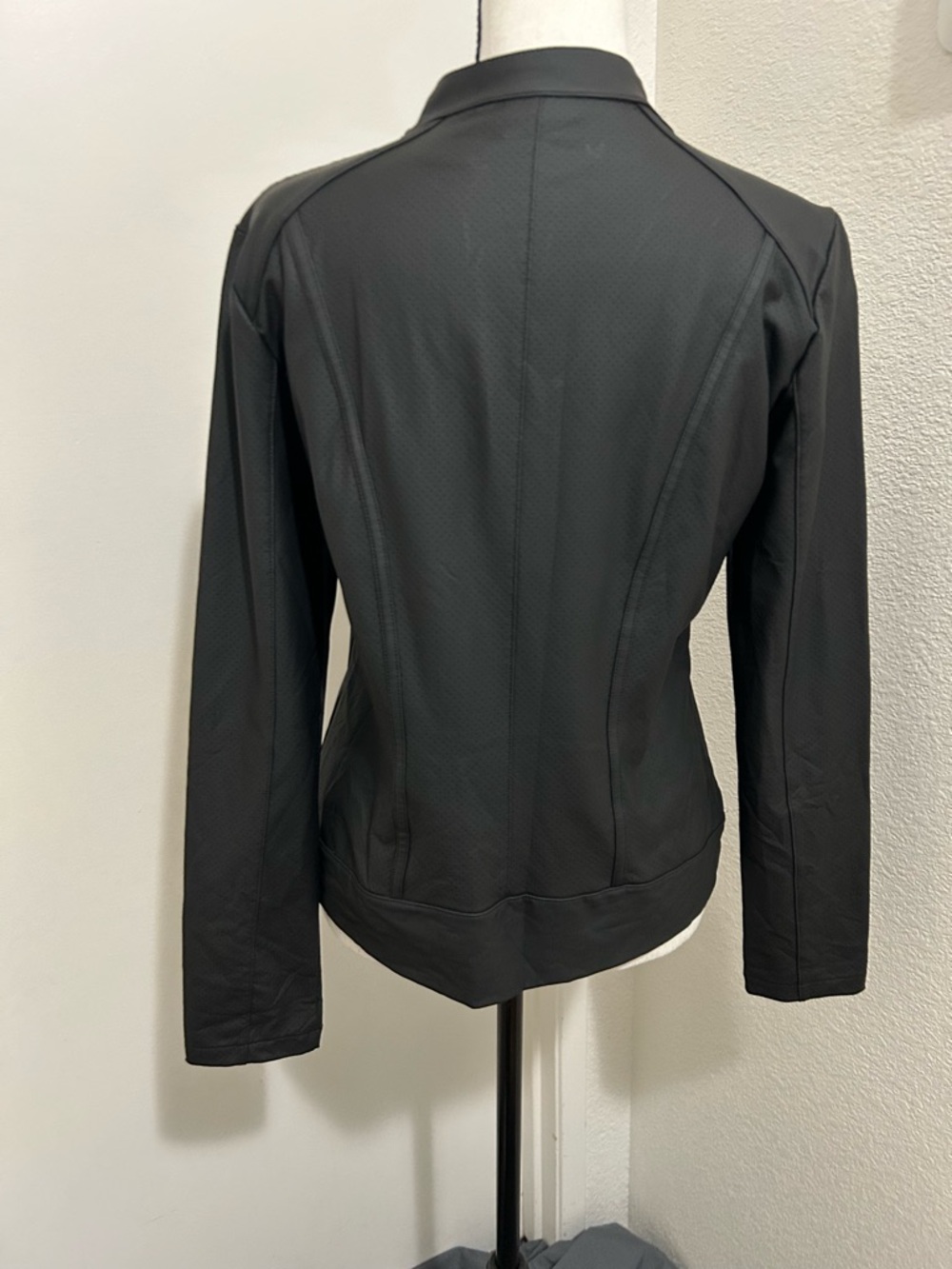Perforated Faux Leather Moto Jacket Black Full Zip Mock Neck Minimalist Biker S - Picture 3 of 7